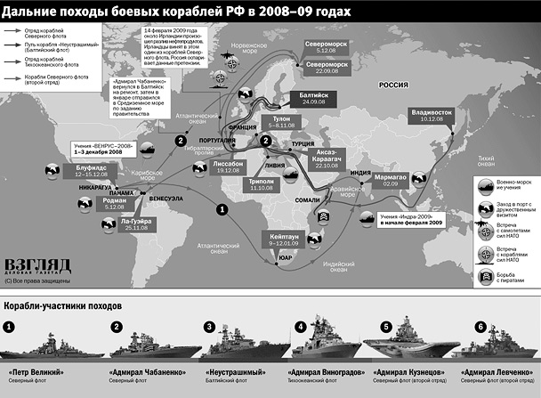 Дальние походы боевых кораблей РФ в 2008–09 годах (разлив нефтепродуктов) (нажмите, чтобы увеличить)